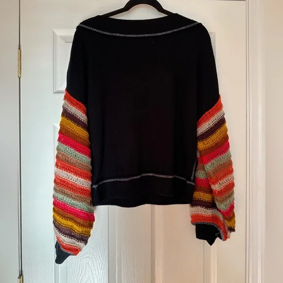 We The Free Black Sweater with Multicolor Striped Sleeves - Picture 4 of 5